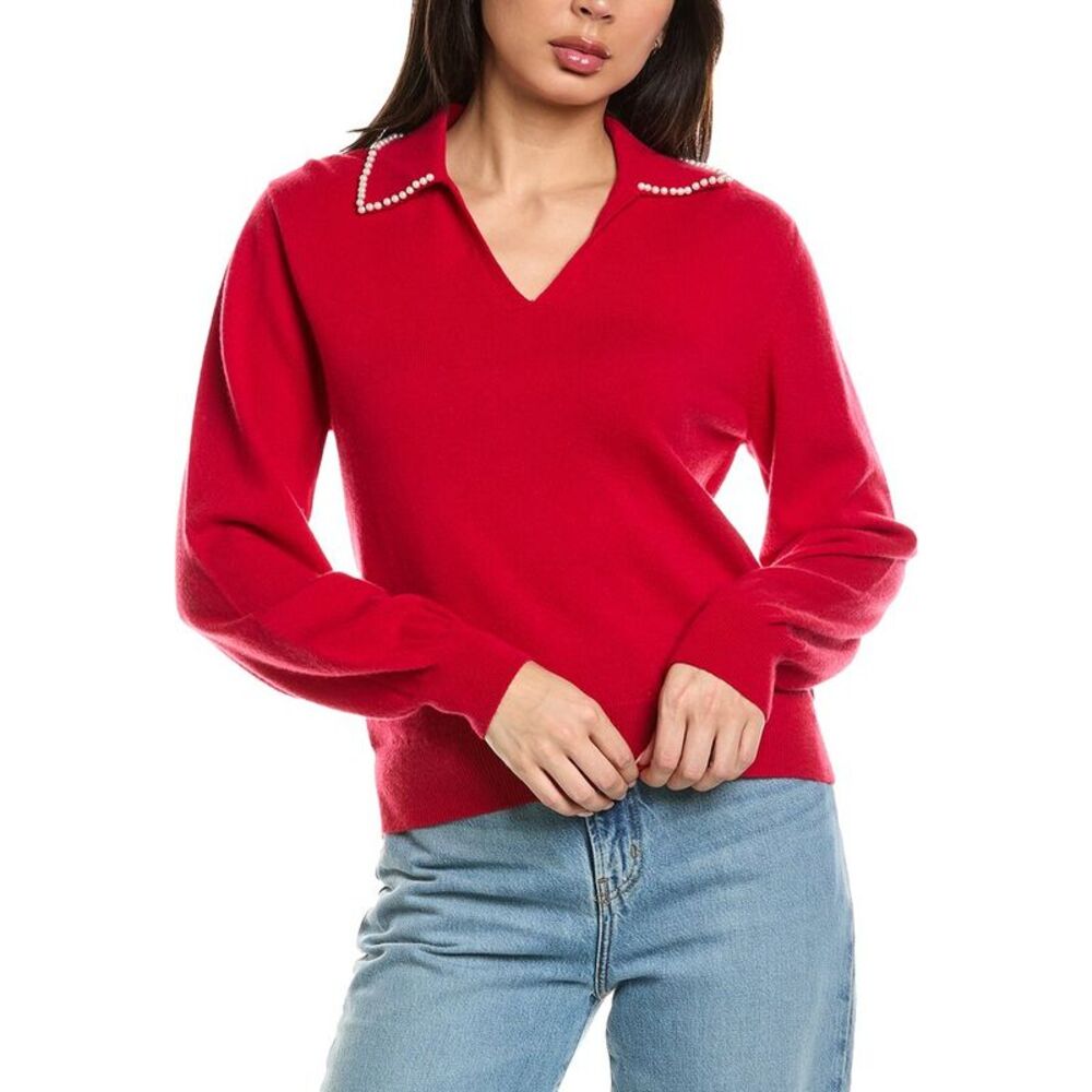 Brodie Cashmere Womens  Pearl Collar Wool & Cashmere-Blend Polo Sweater, Red